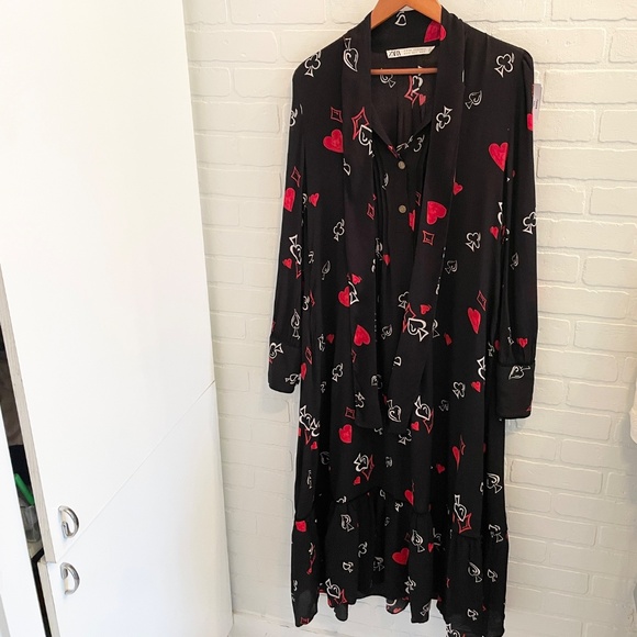 Zara Maxi dress goth Flowy Tie front Hearts Whimsical Novelty print XS Oversized - Picture 8 of 16